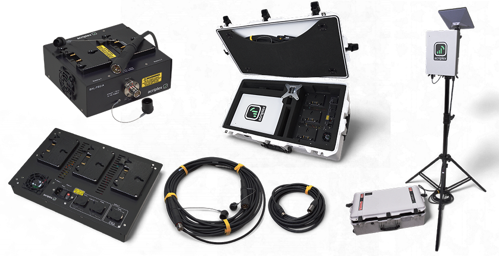 AcriPlex full private 5G system — radio enclosure, backhaul unit, power unit, and transport case